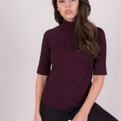 Pull femme bordeaux viscose manches 1/2 col roulé - DUBAI