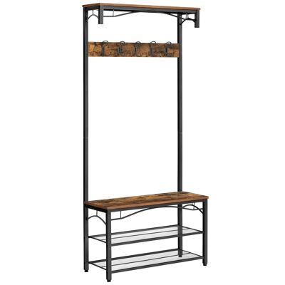 Homestoreking Clothes and Shoe Rack with Seat and Removable Hooks - Brown