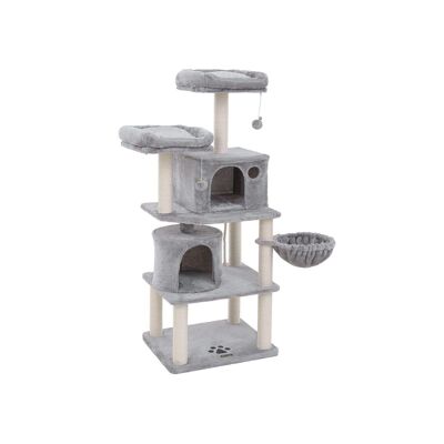 Homestoreking Stable Scratching Post with Bowl and Two Houses - Light Gray