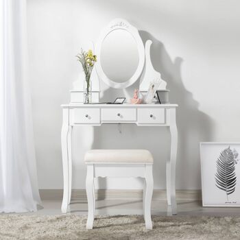 Coiffeuse avec miroir pivotant et tabouret Homestoreking - Cinq tiroirs - Blanc 5