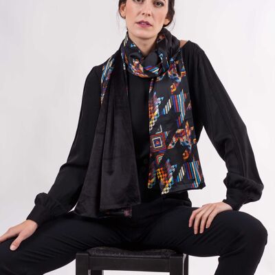 Black Velvet Shawl with Print