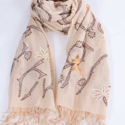 Embroidered Wool Stole - BEIGE