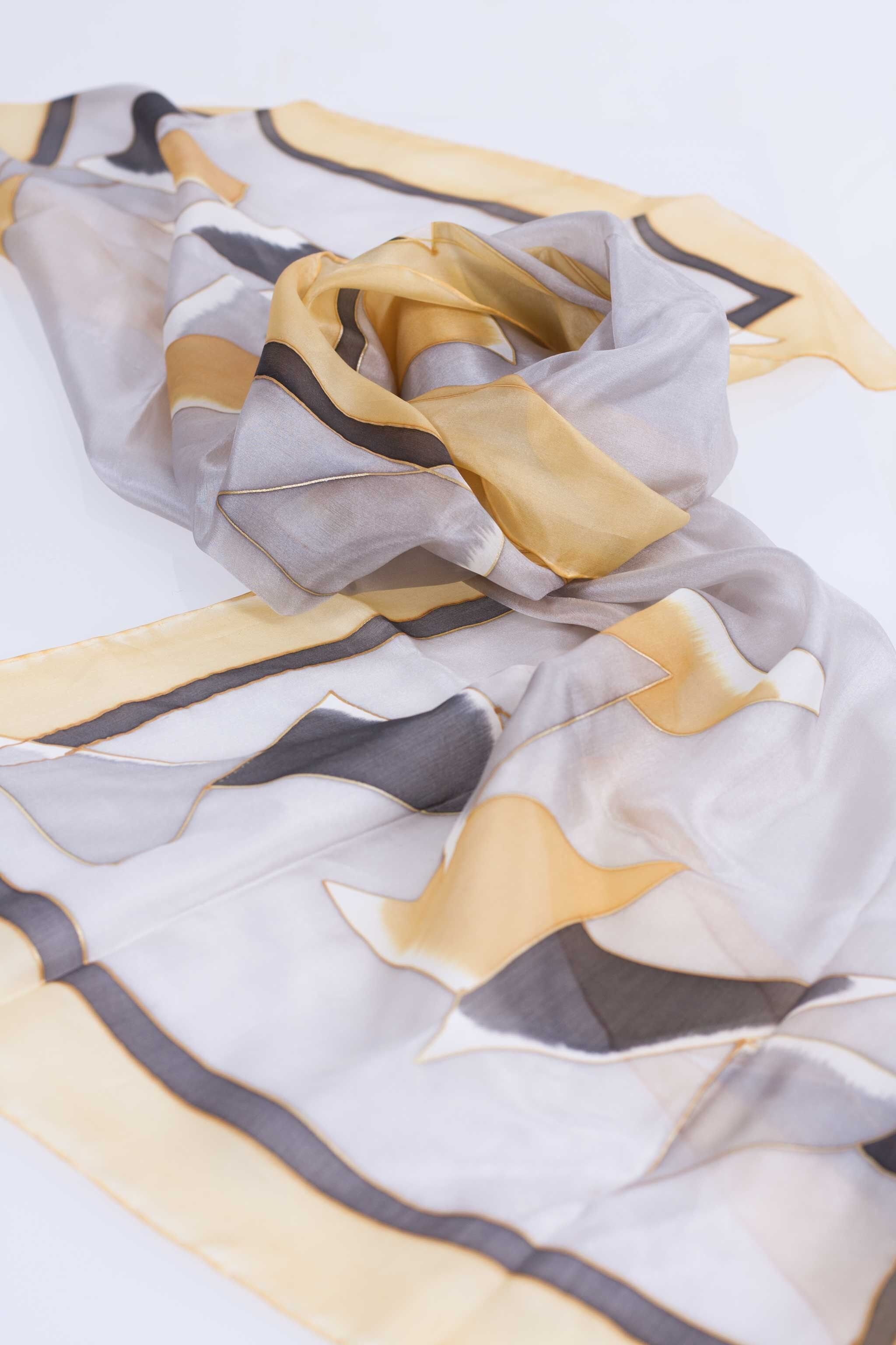 Handbemalter Naturseidenschal - GRAU - SCHAL 140X45CM