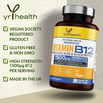 Vitamine B12 avancée avec acide folique et poivre noir - 180 comprimés 2