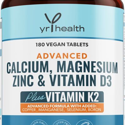 Calcio AVANZADO, magnesio, zinc, vitamina D3 y K2 MK7 - 180 tabletas veganas