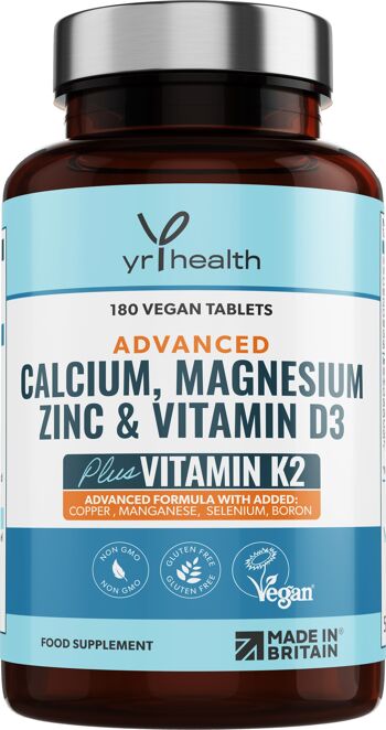 ADVANCED Calcium, Magnésium, Zinc, Vitamine D3 & K2 MK7 - 180 Comprimés Vegan 1