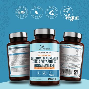 ADVANCED Calcium, Magnésium, Zinc, Vitamine D3 & K2 MK7 - 180 Comprimés Vegan 3