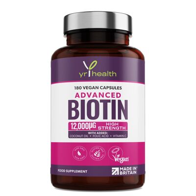 Complejo avanzado de biotina de 12.000 µg con aceite de coco, ácido fólico y vitamina C añadidos - 180 cápsulas veganas