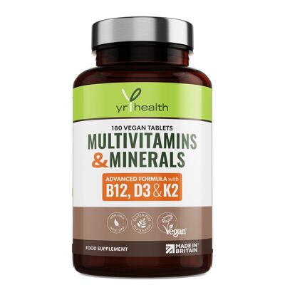 Multivitaminas y minerales veganos avanzados con alto contenido de B12, D3 y vitamina K2 añadida - 180 tabletas