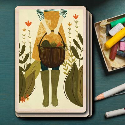 Wooden Postcard GARDENER WITH BASKET Nature Card