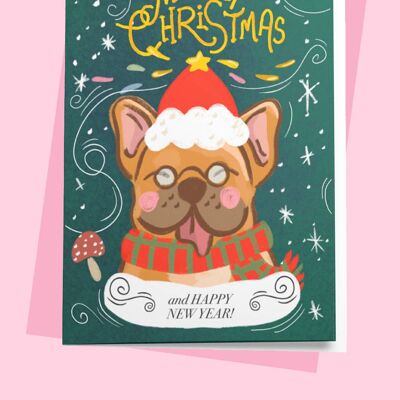 Tarjeta de Navidad - Frenchie Santa