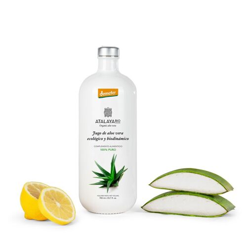 Jugo de aloe vera (99%) y limón. Ecológico. Sin filtrar. Para beber. Certificado Demeter.