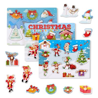 3 Wooden Christmas Puzzles for Kids, Cute Animal Characters