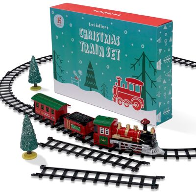 Juego de tren navideño de 15 piezas que funciona con pilas con vías fáciles de enganchar y accesorios festivos