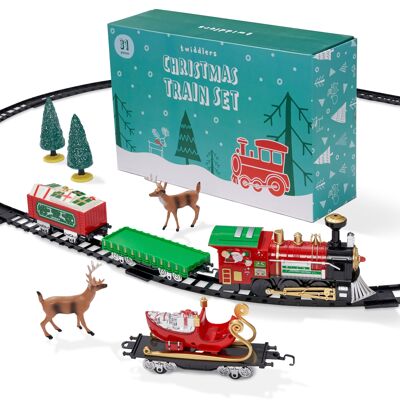 Juego de tren navideño de 31 piezas que funciona con pilas con vías fáciles de enganchar y accesorios festivos