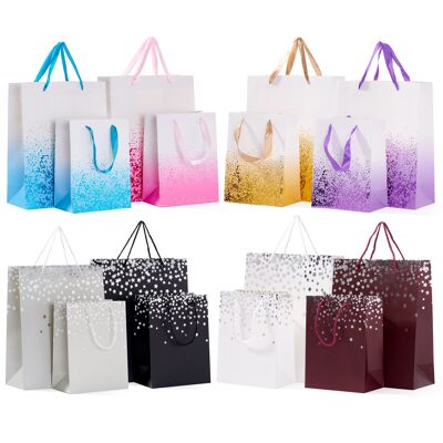 16 Coloured Gift Bags in Assorted Designs & 2 Sizes, Perfect for Secret Santa.
