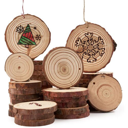 50 Natural Wood Slices with Pre-Drilled Hole & Hanging Rope