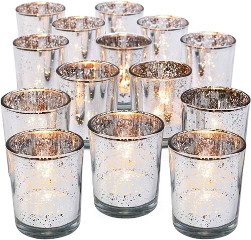 15 Speckled Silver Glass Tea Light Candle Holders