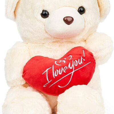 Grand ours en peluche blanc tenant un coeur rouge je t'aime - 45cm