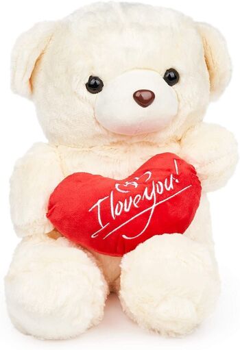 Grand ours en peluche blanc tenant un coeur rouge je t'aime - 45cm 1