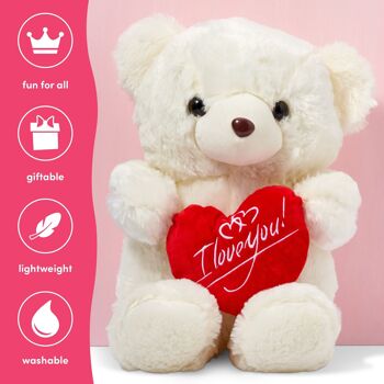 Grand ours en peluche blanc tenant un coeur rouge je t'aime - 45cm 3