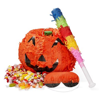 Pinata di zucca di Halloween con buster stick e benda