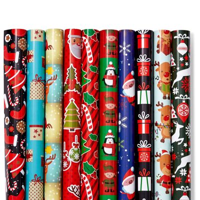 Christmas Wrapping Paper (20 X 50cm) Gift Wrap Rolls, 20 Sheets in 10 Festive Designs.