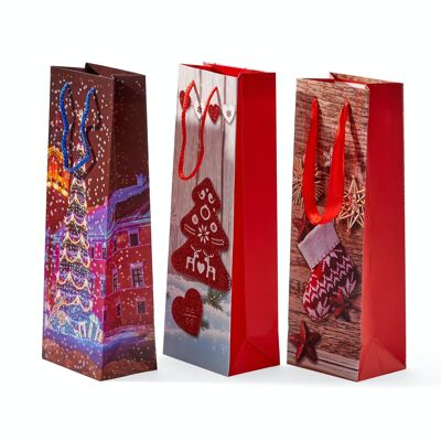12 sacs-cadeaux de qualité supérieure pour une bouteille de vin de Noël dans des motifs festifs.