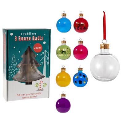 8 Christmas Large Booze Baubles, 250ml - Empty Bauble and Sticker Labels to Fill with Drink DIY Xmas Tree Hanging Ornament Party Decorations - 8cm