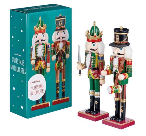 2 Traditional Christmas Nutcrackers (30cm) Premium Wood Decoration in Festive Colours