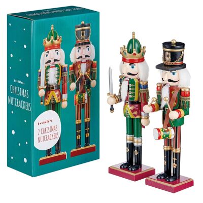 2 Traditional Christmas Nutcrackers (30cm) Premium Wood Decoration in Festive Colours
