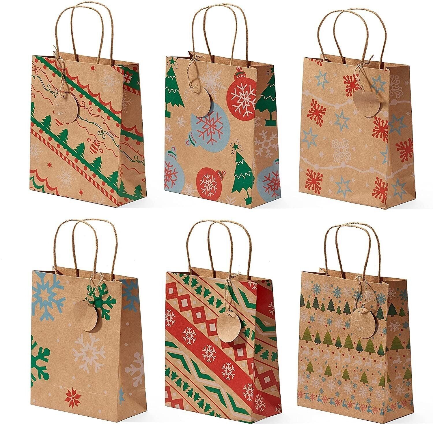 24 sacchetti Cadeaux Noël Kraft assortiti - 18 cm x 22 cm x 10 cm