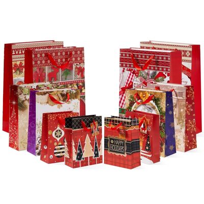 12 bolsas y etiquetas de regalo de Navidad en diseños festivos: tamaños pequeño, mediano y grande