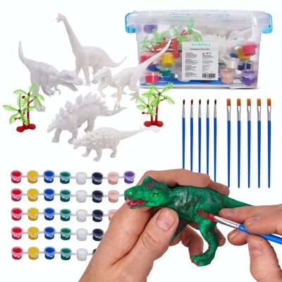 Kit de 15 piezas para pintar tus propios dinosaurios, incluye figuritas, pinturas y pinceles, resistentes y no tóxicos.