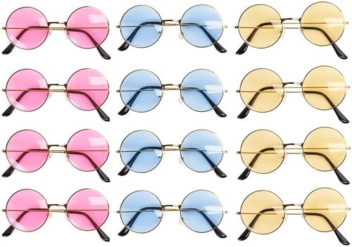 12pcs Round Sunglasses with Metal Frames, Funky Hippie John Lennon Glasses 60's 70's 90's Style, Round Coloured Glasses Fancy Dress Ideal for Adults Kids Men and Women