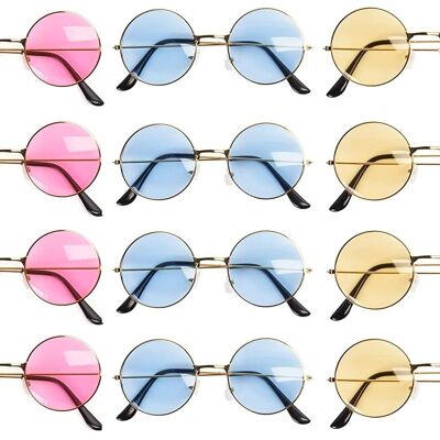 12pcs Round Sunglasses with Metal Frames, Funky Hippie John Lennon Glasses 60's 70's 90's Style, Round Coloured Glasses Fancy Dress Ideal for Adults Kids Men and Women