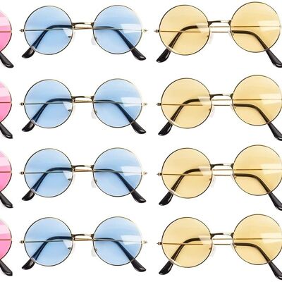 12pcs Runde Sonnenbrille mit Metallrahmen, Funky Hippie John Lennon Brille 60er 70er 90er Stil, runde farbige Brille Kostüm Ideal für Erwachsene Kinder Männer und Frauen