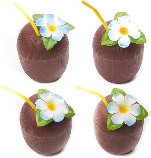 12 Multi Use Plastic Coconut Drinking Cups with Straw & Flower