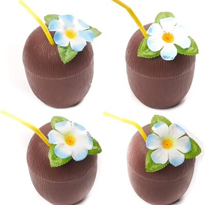 12 Multi Use Plastic Coconut Drinking Cups with Straw & Flower