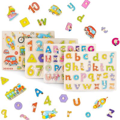 4 coloratissimi giocattoli puzzle in legno con pioli per l'apprendimento precoce