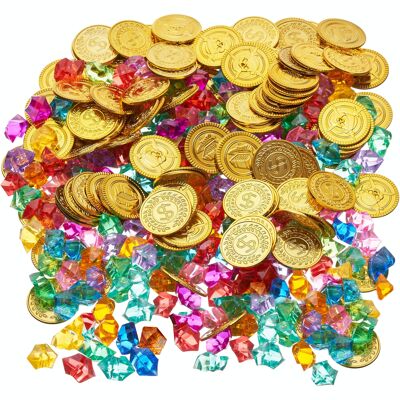 300 Pirate Treasure Kids Set - Monedas de oro y gemas Party Fillers
