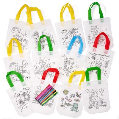 10 sacs à colorier réutilisables et lavables en non tissé avec des stylos à colorier