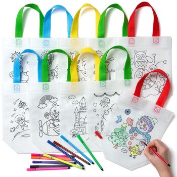 10 sacs à colorier réutilisables et lavables en non tissé avec des stylos à colorier 6
