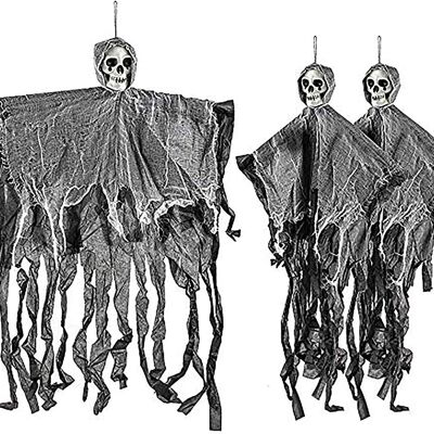 3 scheletri di teschi spettrali di Grim Reaper, braccia espandibili - Decorazione per oggetti di scena da appendere per feste di Halloween