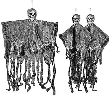 3 squelettes de crâne de faucheuse fantasmagorique, bras extensibles - décoration d'accessoires suspendus pour fête d'Halloween 1