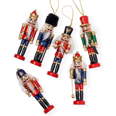 6 Wooden Chrismas Nutcracker Soldier Ornaments, 13cm, Xmas Tree Hanging Decorations in Festive Designs