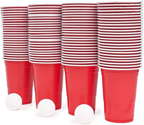 Beer Pong Drinking Game Set: 100 Red Plastic Cups and 15 Balls