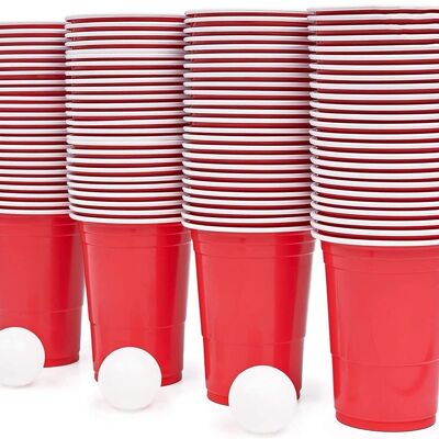 Juego de beber Beer Pong: 100 vasos de plástico rojo y 15 bolas