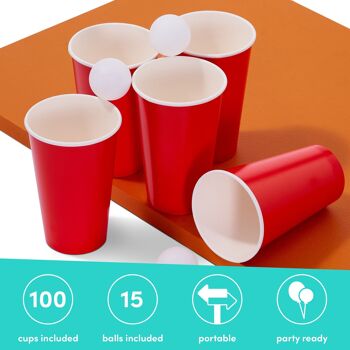 Ensemble de jeu à boire Beer Pong : 100 gobelets en plastique rouge et 15 balles 2