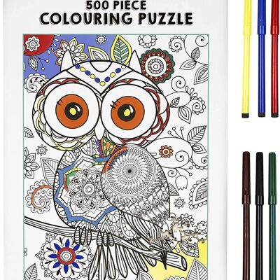500 Piece Owl Jigsaw Puzzle & Colouring Pens - Build & Colour In